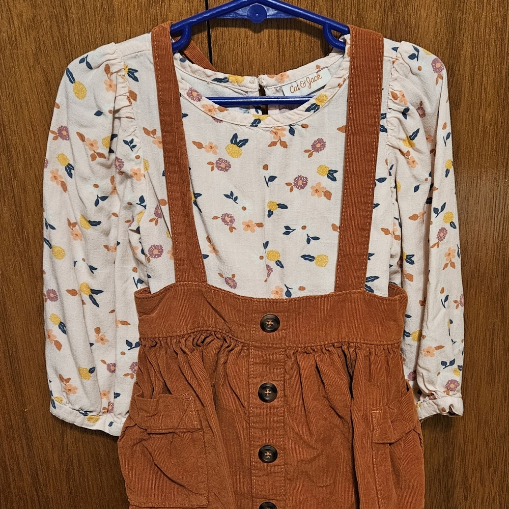 3T Girls Cat & Jack Rust Corduroy Pinafore Dress with Floral Top